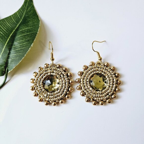 2/$27 | Gold Shield Beaded Indigenous Hoop Earrings | Handmade Native American - Picture 3 of 5